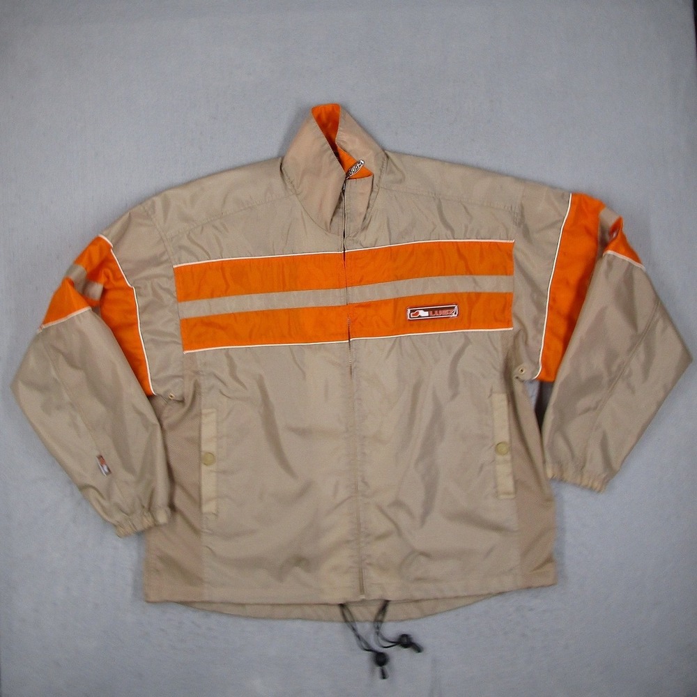 Lugz Mens Vintage Windbreaker Jacket Tan Orange Striped Full Zip Nylon Large Y2K